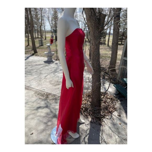 Vintage 90s Jessica McClintock for Gunne Sax Strapless Formal Maxi Dress Red Bea - Picture 7 of 16